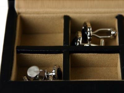 Cufflinks Rings Storage Box in Black Leather - holds 8 Pairs - Perfect for Travel
