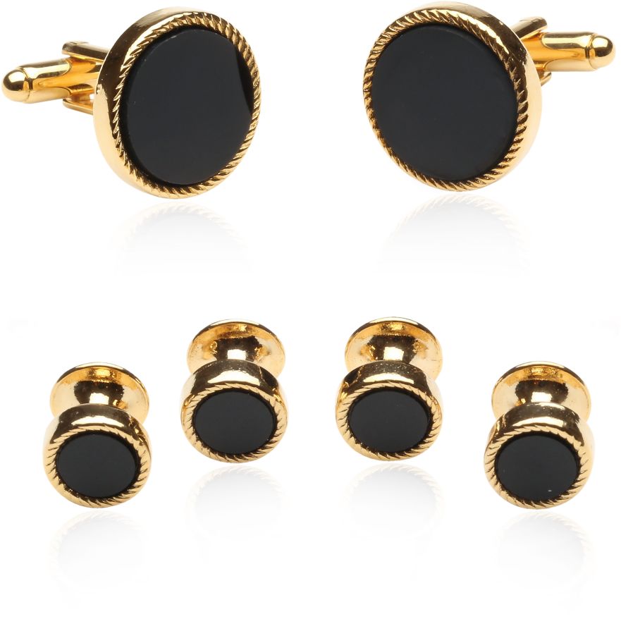 Ruby Center Stone with Black Austrian Crystal Tuxedo Cufflinks and Studs Gold 