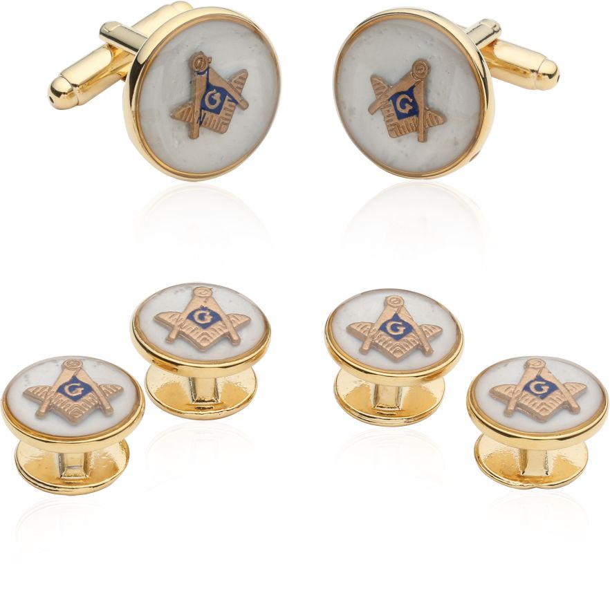 Ashton and Finch Black & Gold Enamelled Masonic Cufflinks & 5 Button Stud Set 